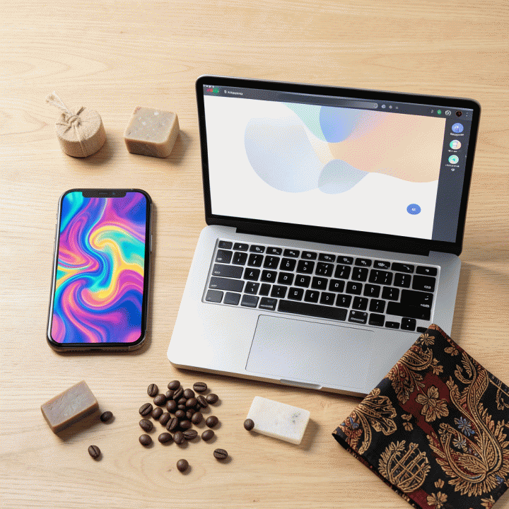Foto flat lay yang menunjukkan produk UMKM fisik di samping perangkat digital (laptop dan smartphone) yang menampilkan mockup iklan AI yang menarik.