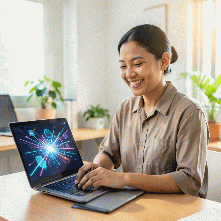 Seorang pelaku UMKM Indonesia yang percaya diri menggunakan laptop, menunjukkan kemudahan membuat konten iklan digital profesional menggunakan bantuan AI.