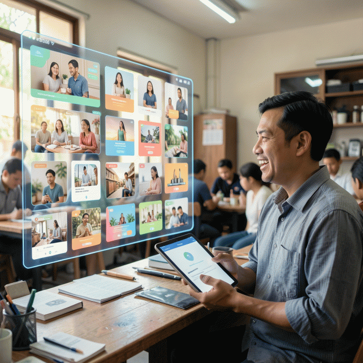 Seorang pemilik UMKM Indonesia yang antusias berinteraksi dengan layar holografik yang menampilkan berbagai variasi konten iklan digital yang dibuat secara instan menggunakan AI, melambangkan kemudahan pemasaran digital.