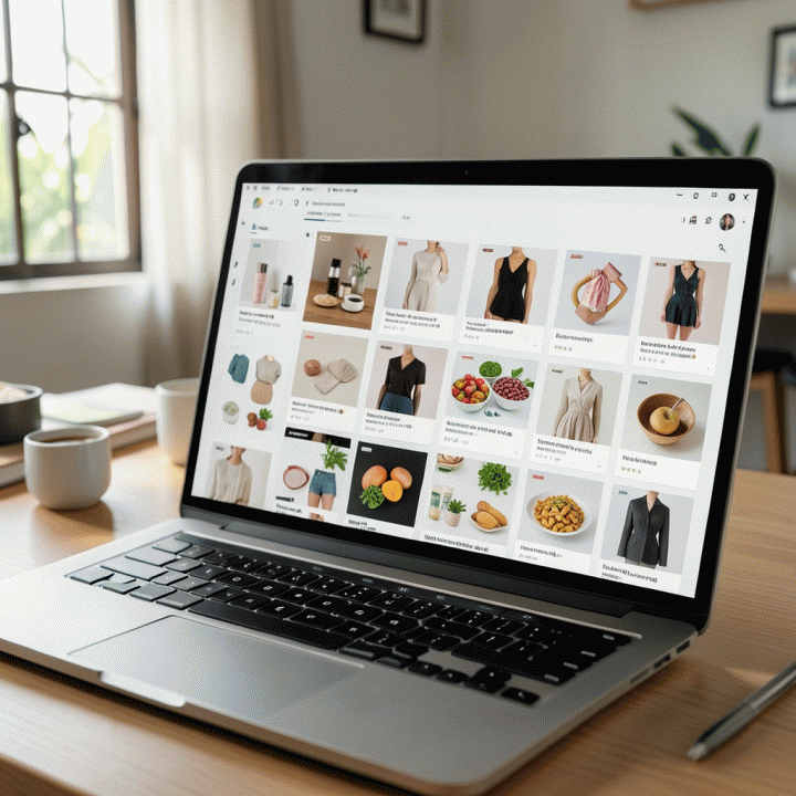 Tampilan layar laptop yang menampilkan grid mockup iklan produk e-commerce yang beragam dan profesional, menunjukkan kemampuan AI dalam menghasilkan variasi konten visual.