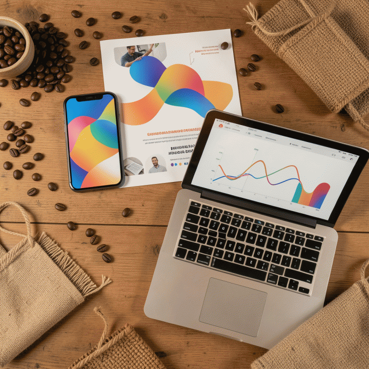 Komposisi flat lay yang menunjukkan output pemasaran digital yang beragam (smartphone, mockup cetak, laptop) dikelilingi produk UMKM, melambangkan hasil iklan massal yang efisien.