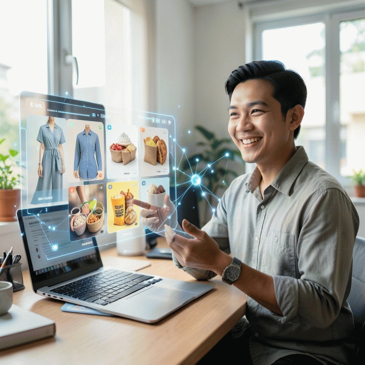 Seorang pemilik UMKM Indonesia yang tersenyum di ruang kerja modern, berinteraksi dengan antarmuka hologram AI yang menampilkan berbagai variasi konten iklan produk digital yang profesional dan menarik, menunjukkan kemudahan dan efisiensi.
