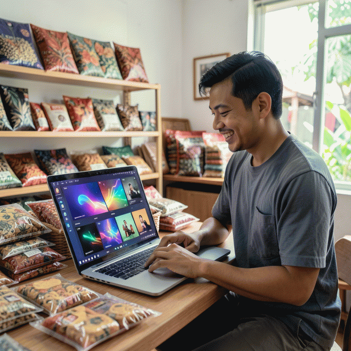 Seorang pelaku UMKM di Indonesia menggunakan laptop dengan antarmuka AI yang menunjukkan pembuatan variasi konten iklan digital yang efisien dan profesional.