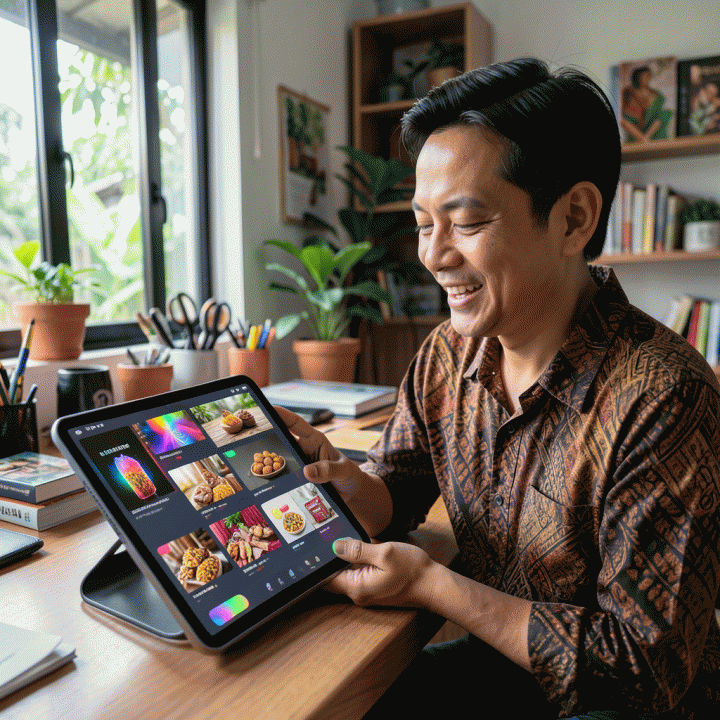 Seorang pelaku UMKM di ruang kerja modern berinteraksi dengan tablet AI yang menampilkan berbagai konsep visual iklan produk lokal Indonesia, menunjukkan kemudahan pembuatan konten pemasaran digital.
