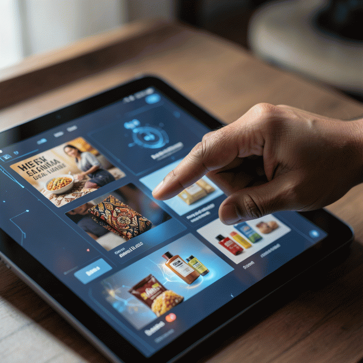 Tangan pengguna berinteraksi dengan antarmuka AI abstrak di tablet, menghasilkan berbagai variasi konsep iklan digital untuk produk UMKM.