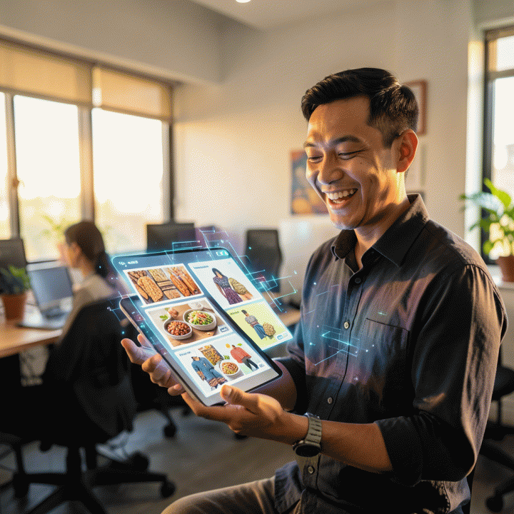 Seorang pemilik UMKM Indonesia yang tersenyum menggunakan tablet bercahaya yang menampilkan berbagai variasi konten iklan digital berkualitas tinggi, melambangkan kemudahan membuat pemasaran visual dengan AI.