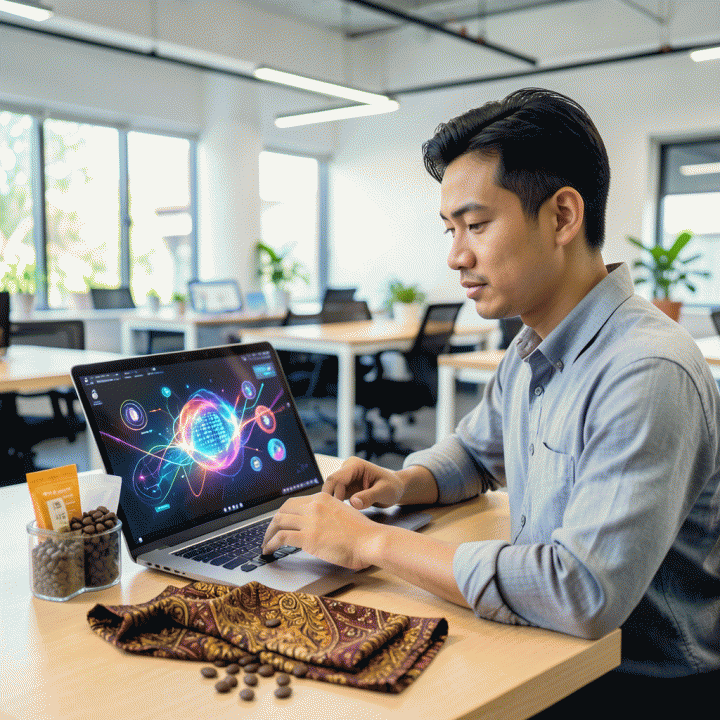 Pengusaha UMKM Indonesia menggunakan laptop di co-working space modern, didukung oleh AI, untuk menciptakan konten iklan visual produknya dengan mudah.