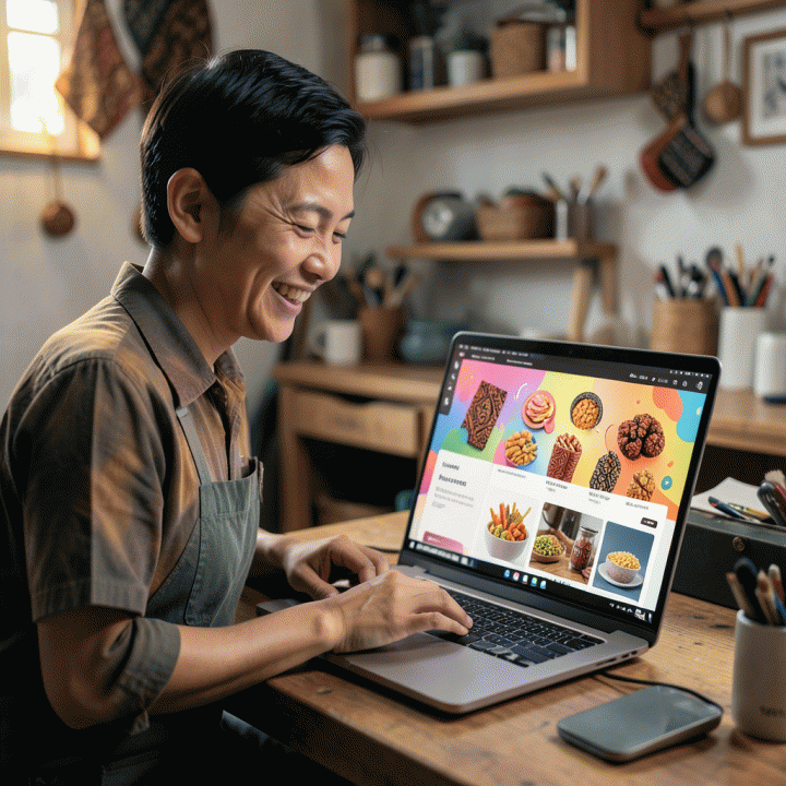 Seorang pemilik UMKM Indonesia menggunakan laptop di bengkel yang nyaman, menampilkan visual iklan digital produk lokal yang profesional dan dibuat dengan mudah menggunakan AI.