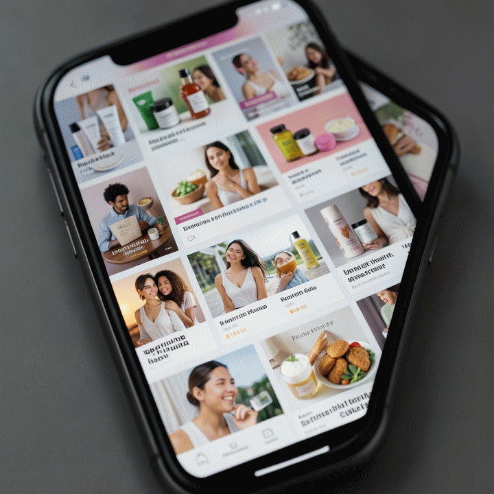 Tampilan close-up layar smartphone yang menunjukkan berbagai variasi konten iklan visual produk UMKM yang dibuat secara profesional dan beragam menggunakan AI.