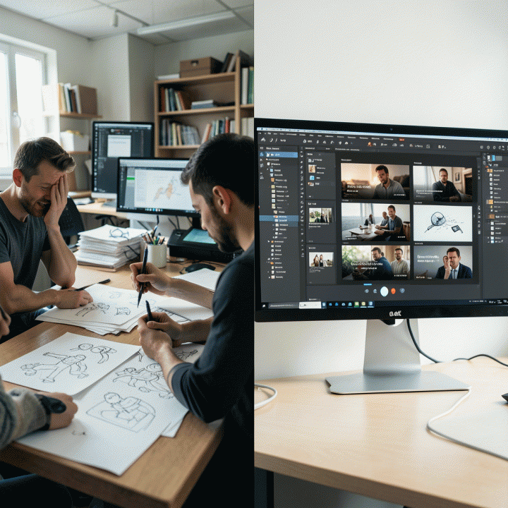 Perbandingan visual yang dramatis antara proses pembuatan iklan yang rumit dan proses yang efisien menggunakan AI.