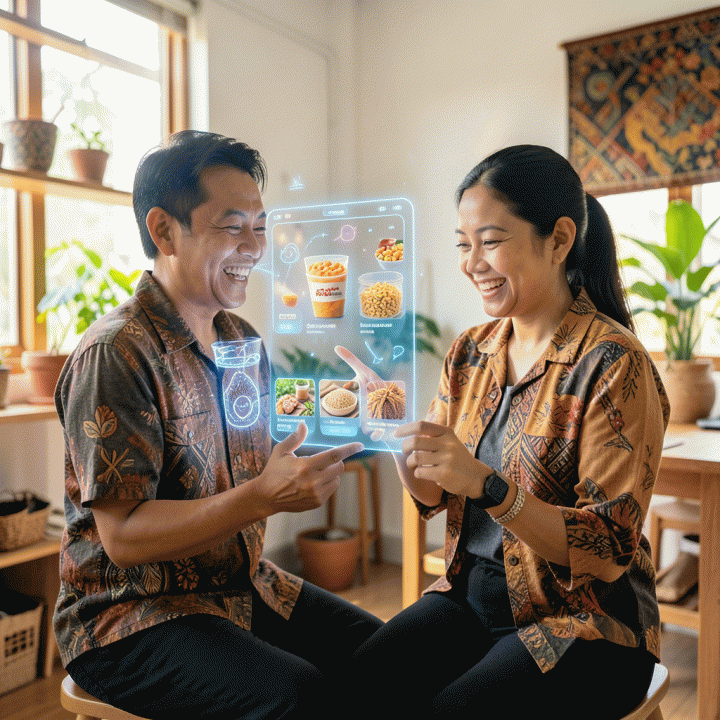 Seorang pemilik UMKM Indonesia yang ceria berinteraksi dengan antarmuka AI holografik, menghasilkan berbagai konsep iklan visual produk berkualitas tinggi.