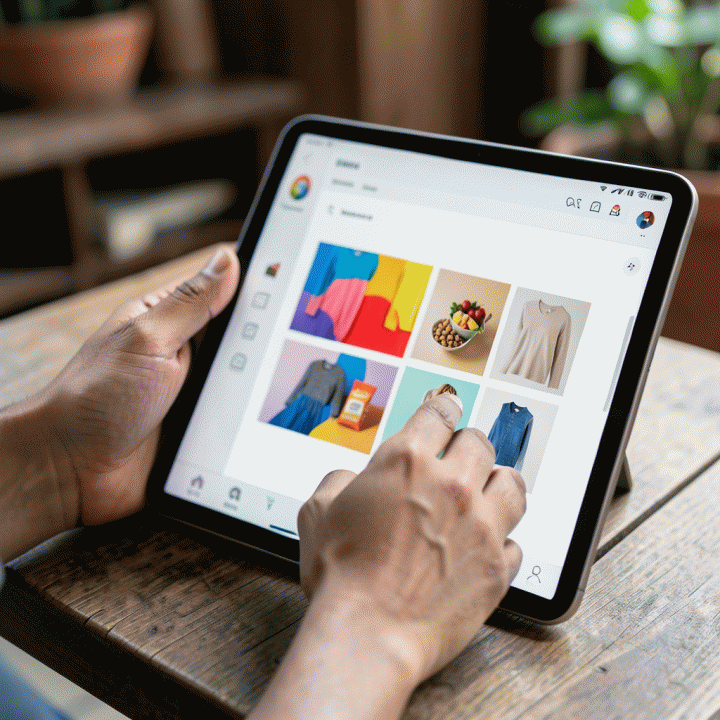 Tangan pengguna yang mudah menggunakan antarmuka AI pada tablet untuk menghasilkan draf visual iklan produk yang beragam.