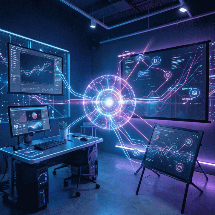 Visualisasi otomatisasi kreatif AI: Sebuah pusat kerja digital yang futuristik, menunjukkan aliran ide dan konten marketing yang dihasilkan secara otomatis oleh kecerdasan buatan.