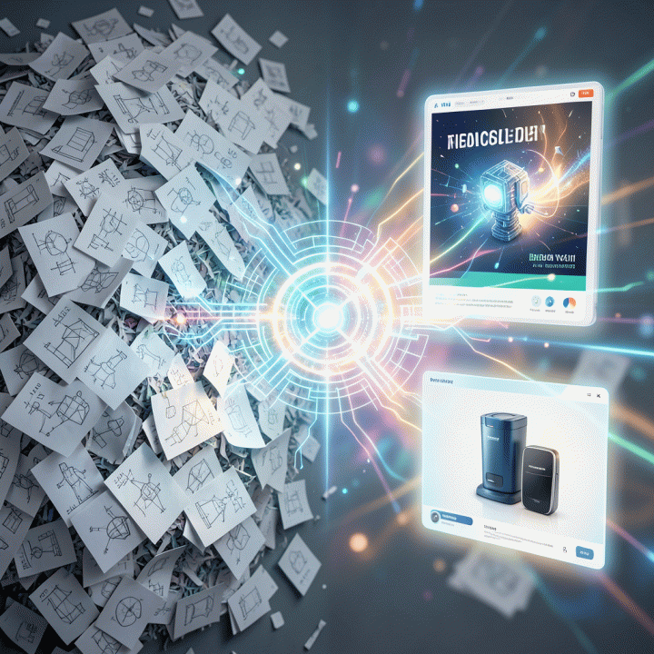 Visualisasi metaforis proses transformasi data mentah menjadi aset iklan digital berkualitas tinggi menggunakan AI.