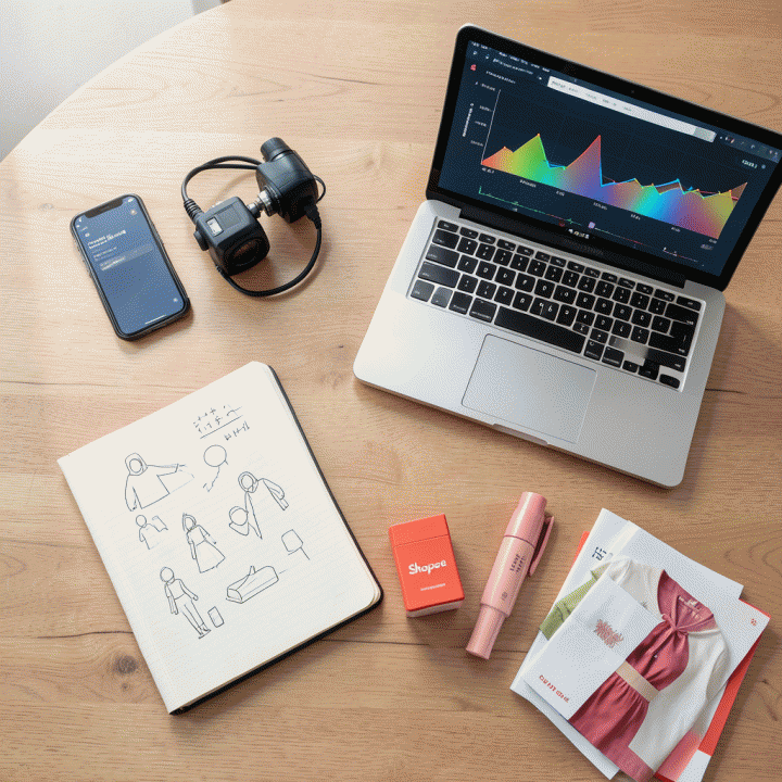 Tata letak meja kerja yang berisi smartphone, laptop dengan grafik data abstrak, dan alat tulis, melambangkan perencanaan konten UGC yang didukung data.