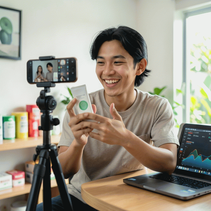 Seorang kreator konten muda Indonesia yang sedang membuat video unboxing atau review produk di rumah dengan suasana otentik, melambangkan konten UGC untuk pemasaran afiliasi Shopee.