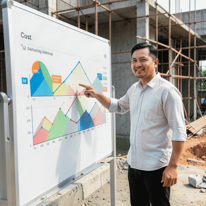 Manajer proyek sedang mempresentasikan data progres dan kontrol biaya pada papan visualisasi di lokasi konstruksi.