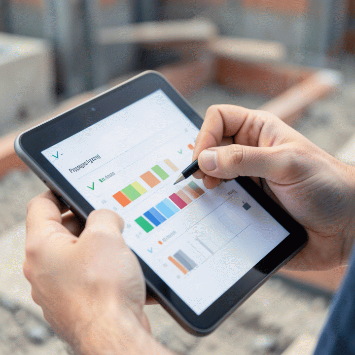 Tangan sedang mengisi laporan progres harian di lapangan menggunakan tablet atau checklist, menunjukkan pelacakan progres yang detail.