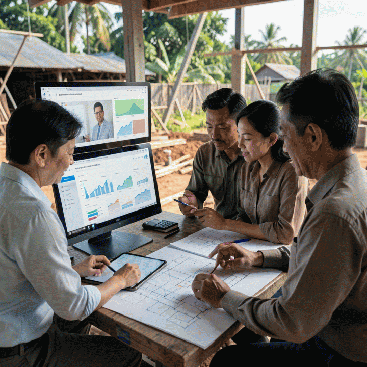 Tim profesional di lokasi konstruksi sedang meninjau data progres dan kontrol biaya proyek di dashboard digital, menunjukkan manajemen proyek yang akurat dan terorganisir.