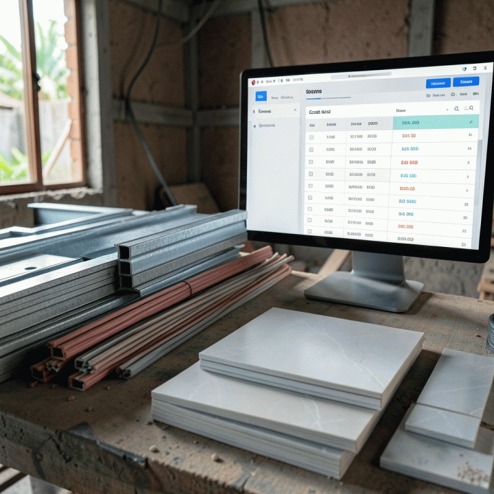 Material konstruksi yang tersusun rapi berdampingan dengan visualisasi digital abstrak tentang perhitungan biaya, melambangkan kontrol anggaran material.