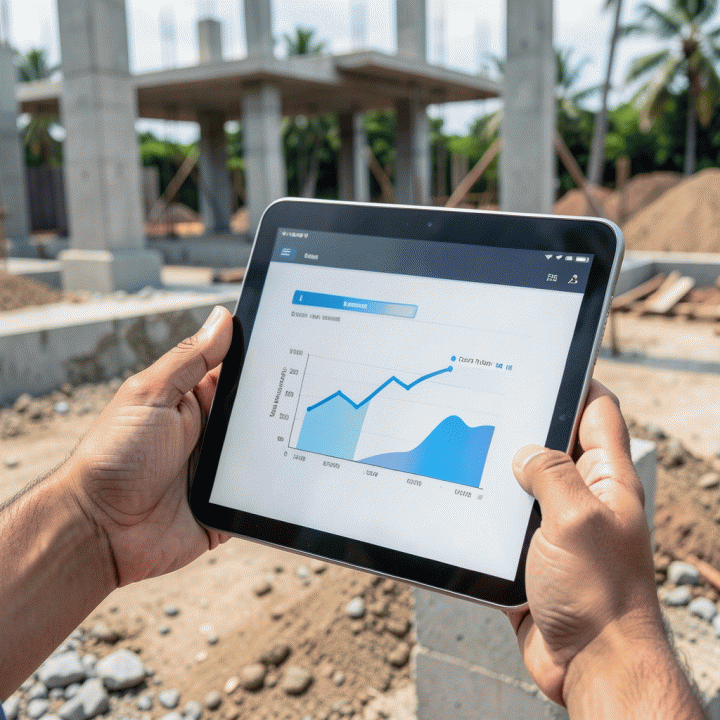 Tangan seorang profesional sedang menganalisis data progres dan biaya proyek pada tablet di lokasi konstruksi, menunjukkan pemantauan real-time.
