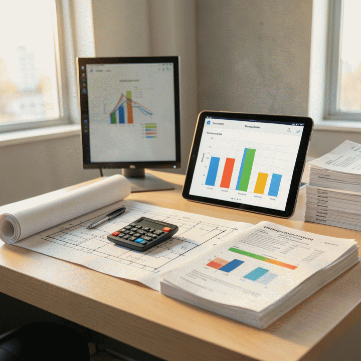 Meja kontrol proyek konstruksi yang rapi dan terorganisir, menampilkan blueprint, tablet dengan grafik progres abstrak, dan peralatan manajemen keuangan, melambangkan kontrol biaya proyek.
