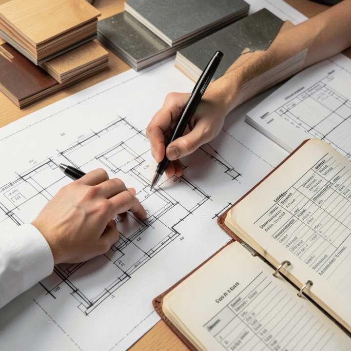 Tangan profesional sedang membuat estimasi biaya proyek pada blueprint besar, di samping sampel material dan buku catatan akuntansi.