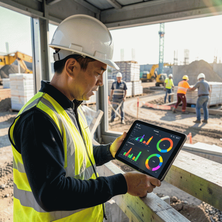 Manajer konstruksi di lokasi proyek sedang memonitor grafik progres biaya dan material menggunakan tablet digital, menunjukkan pelacakan real-time.