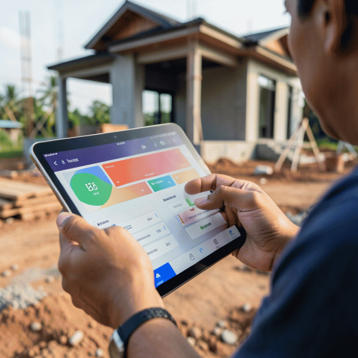 Manajer proyek Indonesia menggunakan tablet di lokasi konstruksi untuk memasukkan data pelacakan biaya dan material.