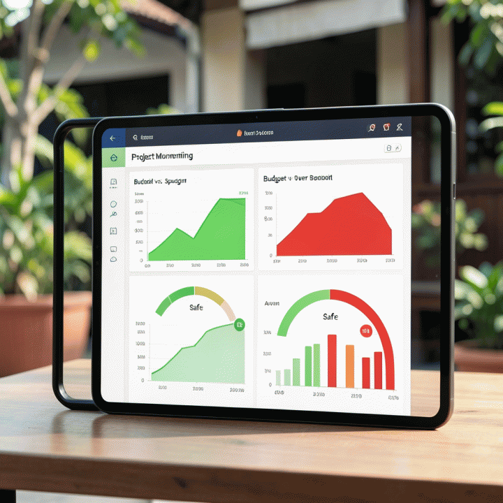 Tampilan dashboard digital yang menunjukkan perbandingan anggaran rencana versus biaya aktual secara real-time, membantu memantau progres proyek.