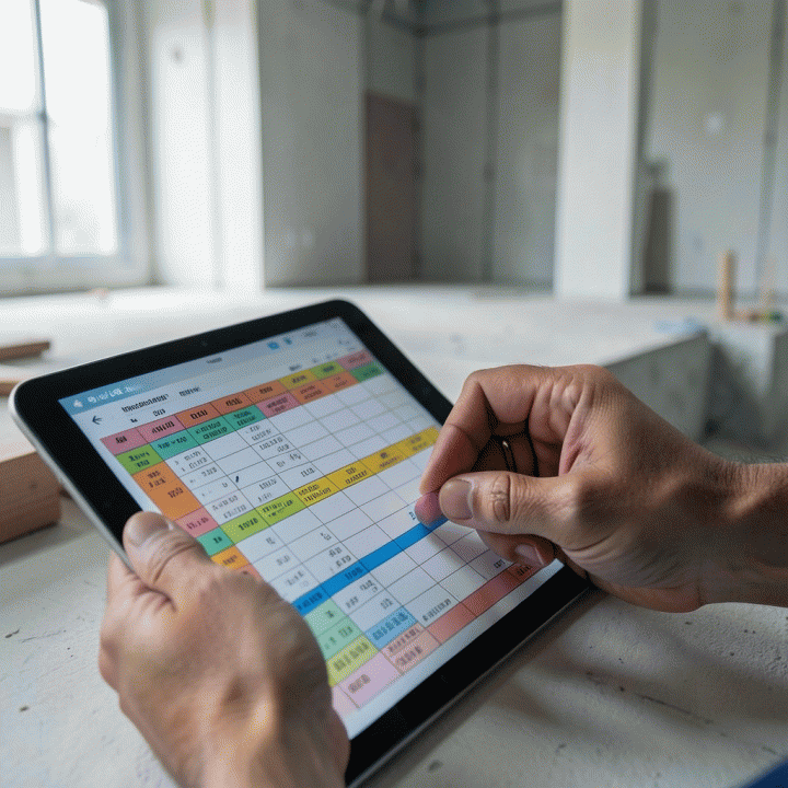 Tangan manajer proyek sedang memeriksa rincian biaya dan anggaran proyek di atas tablet atau spreadsheet, menunjukkan kontrol biaya yang akurat.
