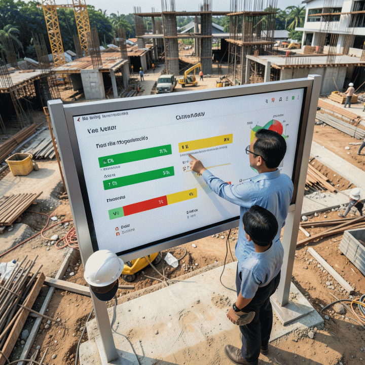 Pemilik proyek sedang memantau progres harian di papan monitoring proyek konstruksi dengan indikator visualisasi warna.