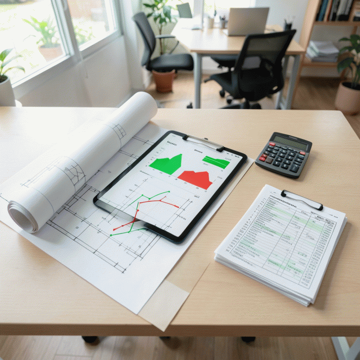 Perbandingan alat estimasi biaya proyek: dari cetak biru dan buku catatan ke dashboard digital modern.