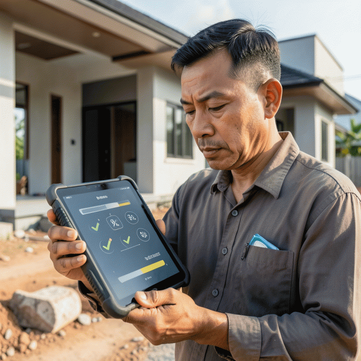 Pekerja konstruksi Indonesia menggunakan tablet di lokasi proyek untuk memonitor progres pekerjaan secara real-time.