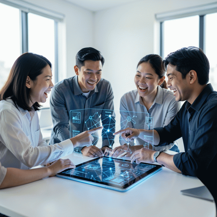 Tim founder startup Indonesia yang berkolaborasi di ruang kerja modern, berinteraksi dengan visualisasi data hologram futuristik yang melambangkan proses kreasi ide digital.