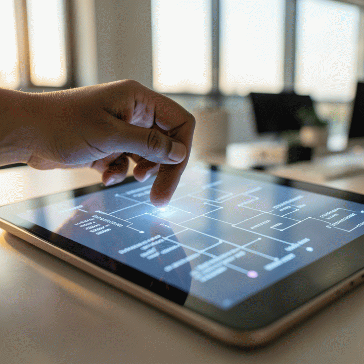 Tangan berinteraksi dengan tablet futuristik yang menampilkan visualisasi data abstrak, melambangkan proses pengembangan ide bisnis.