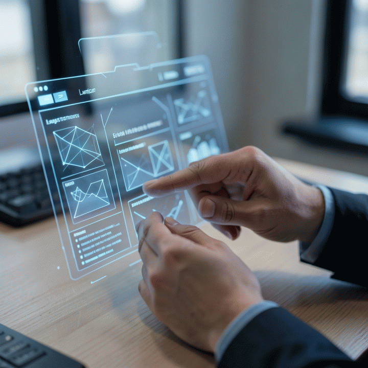 Tangan seorang marketer berinteraksi dengan antarmuka holografik yang menampilkan struktur tata letak landing page, menunjukkan proses pembuatan yang mudah dengan bantuan AI.