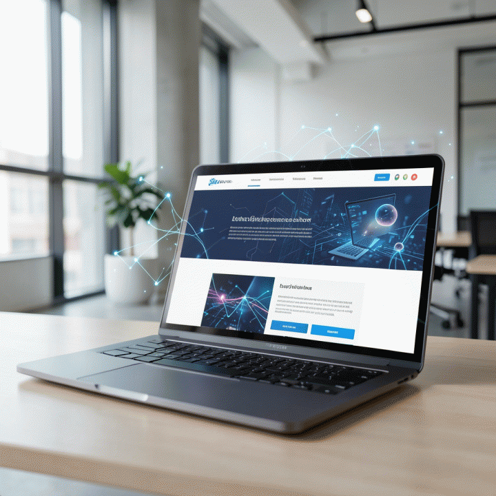Tampilan laptop modern yang menampilkan antarmuka pembuatan landing page konversi tinggi, dikelilingi nuansa teknologi AI yang canggih di ruang kerja minimalis.