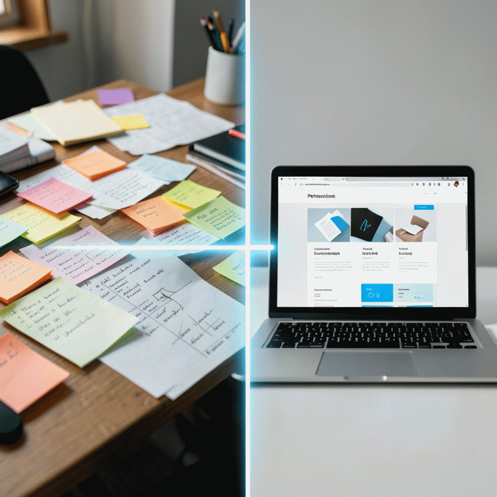Visual perbandingan antara proses manual yang rumit dan proses otomatis menggunakan AI untuk membuat landing page yang sempurna.