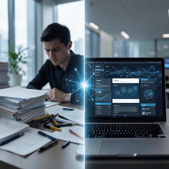 Perbandingan visual antara proses pembuatan landing page manual yang rumit dengan proses otomatis dan cepat menggunakan AI.