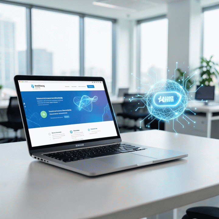 Tampilan photorealistic laptop yang menampilkan desain landing page konversi tinggi yang dibuat dengan bantuan AI, diletakkan di meja kerja profesional.
