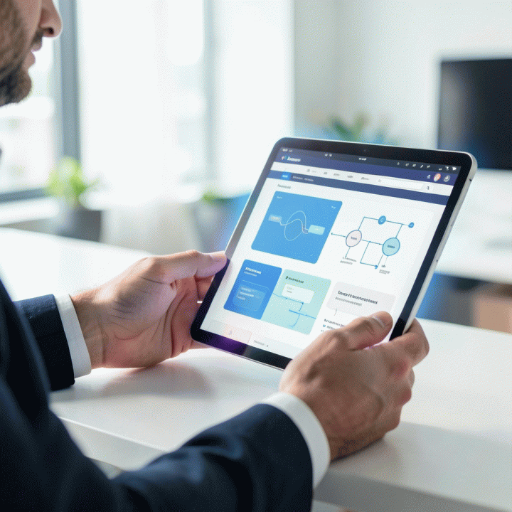 Tangan profesional yang menggunakan tablet untuk merancang landing page secara cepat dan mudah menggunakan alat AI.