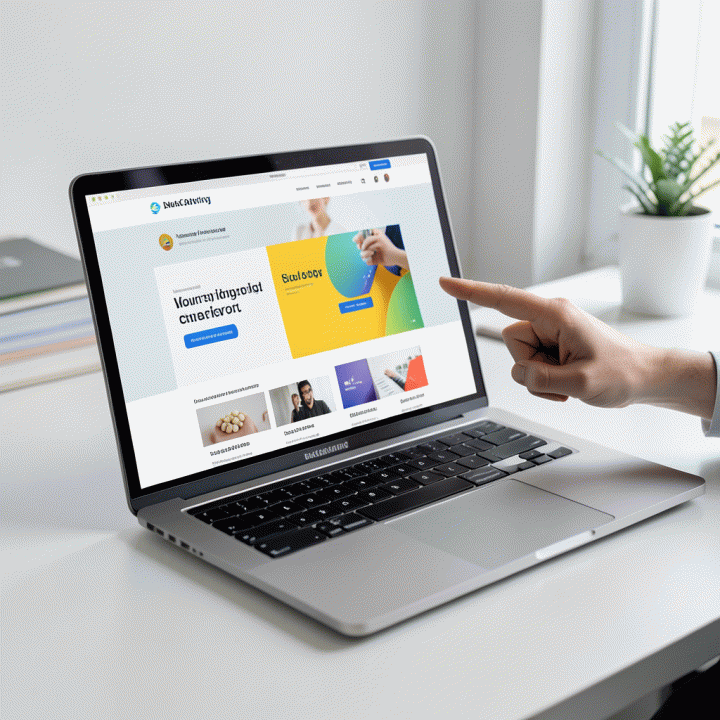 Tampilan close-up dan profesional dari laptop yang menampilkan mockup landing page konversi tinggi dengan desain modern dan tombol CTA yang menonjol.