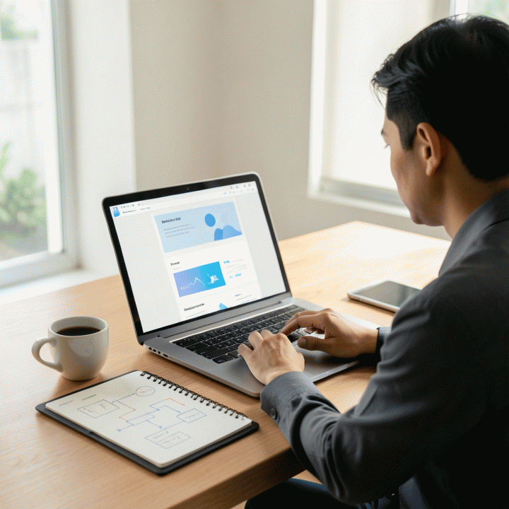 Seorang profesional di ruang kerja modern sedang merancang blueprint landing page konversi tinggi di laptop, menunjukkan alur penjualan yang terstruktur dan efisien.