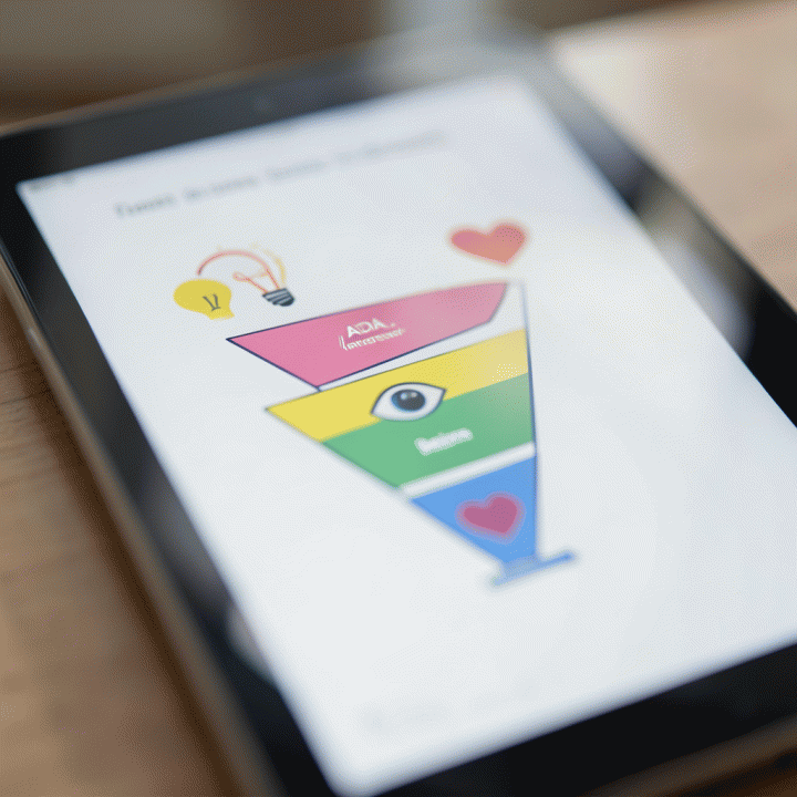 Diagram funnel penjualan (sales funnel) yang abstrak dan bersih di tablet, menunjukkan langkah-langkah konversi dari kesadaran hingga pembelian.