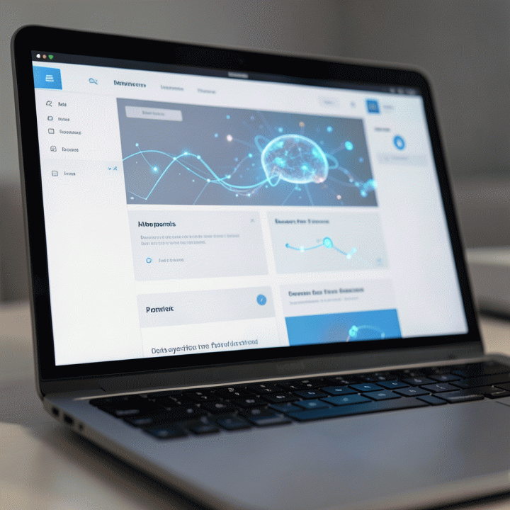 Tampilan close-up antarmuka builder landing page yang bersih dan intuitif di layar laptop, menyoroti kemudahan penataan bagian-bagian halaman dengan bantuan AI.