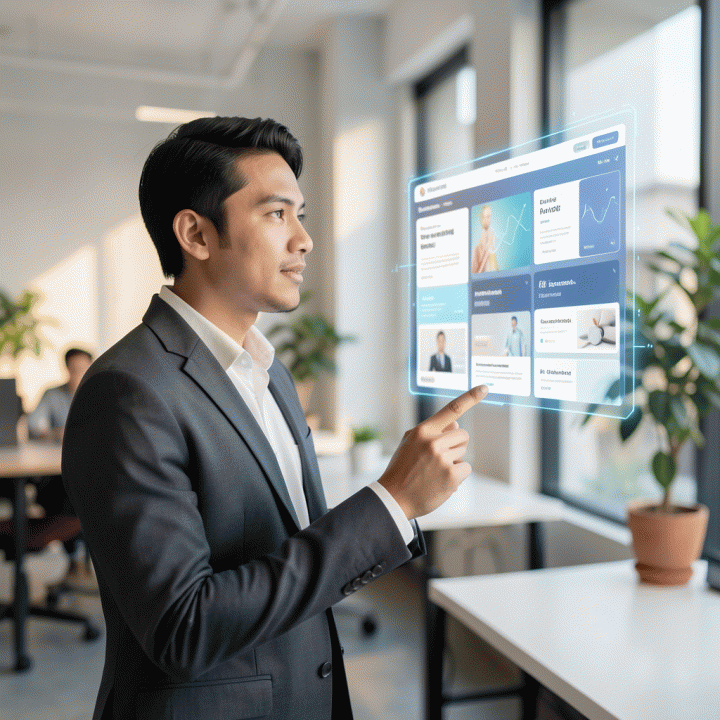 Seorang pemilik bisnis muda Indonesia dengan percaya diri melihat layar holografik yang menampilkan desain landing page konversi tinggi yang modern dan rapi, menunjukkan kemudahan pembuatan melalui bantuan AI.