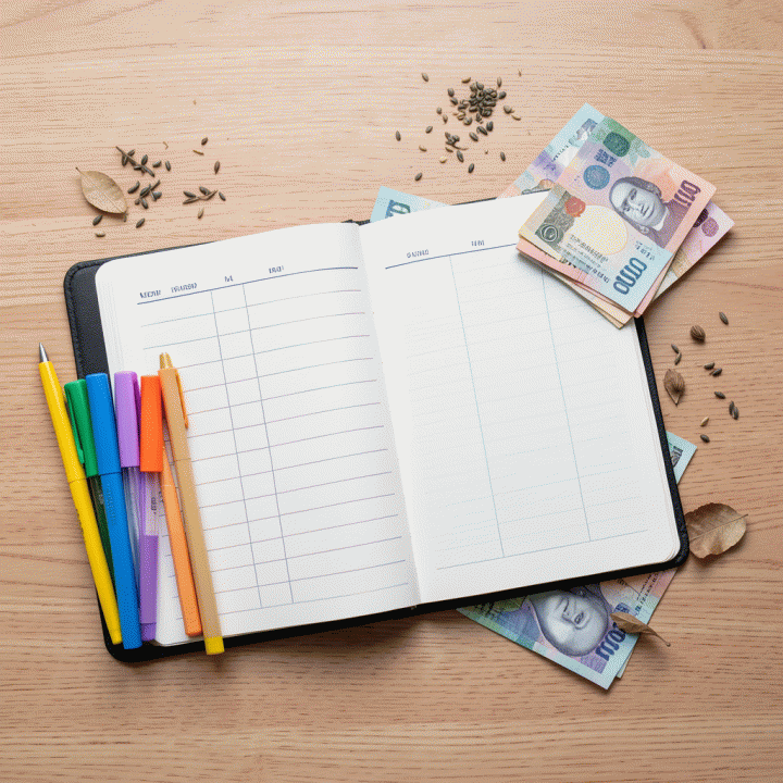 Tata letak datar dari alat-alat perencanaan keuangan: buku anggaran kosong, pena warna-warni, dan mata uang yang tertata rapi, melambangkan persiapan finansial.