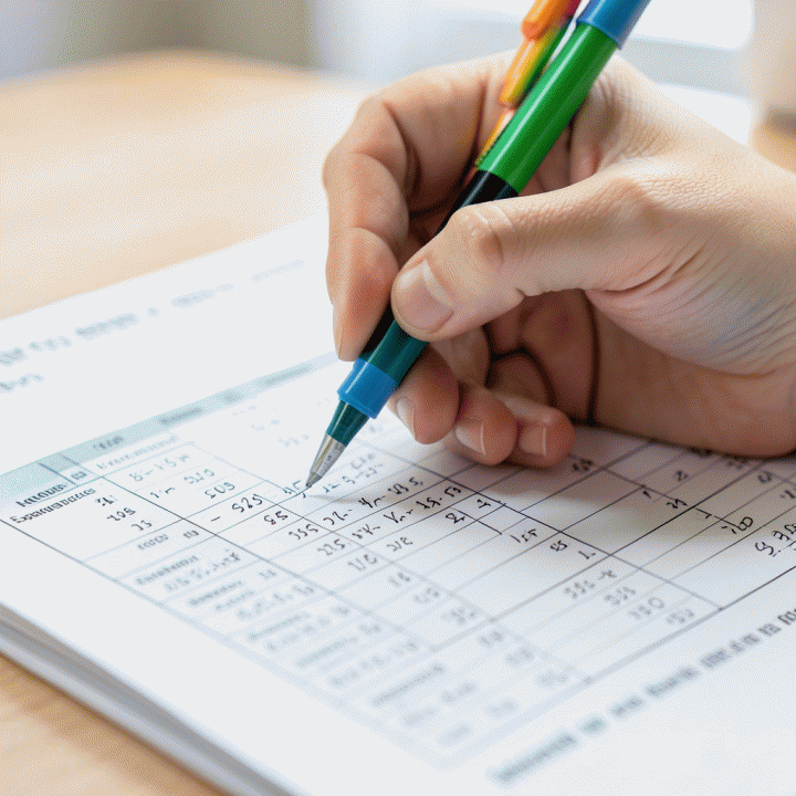 Tangan seseorang sedang menulis atau menghitung data keuangannya di template anggaran bulanan yang rapi, menunjukkan proses pelacakan pengeluaran dan pemasukan.