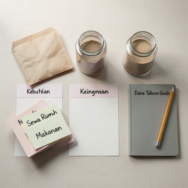 Foto flat lay yang menampilkan perlengkapan budgeting seperti amplop uang berlabel, jurnal catatan, dan kartu-kartu konsep kebutuhan vs keinginan, menunjukkan struktur anggaran.
